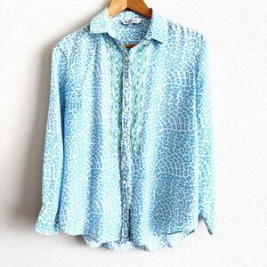 Sulu Collection Embroidered Button Up Shirt Womens 12 Silk Blend Colorful Resort